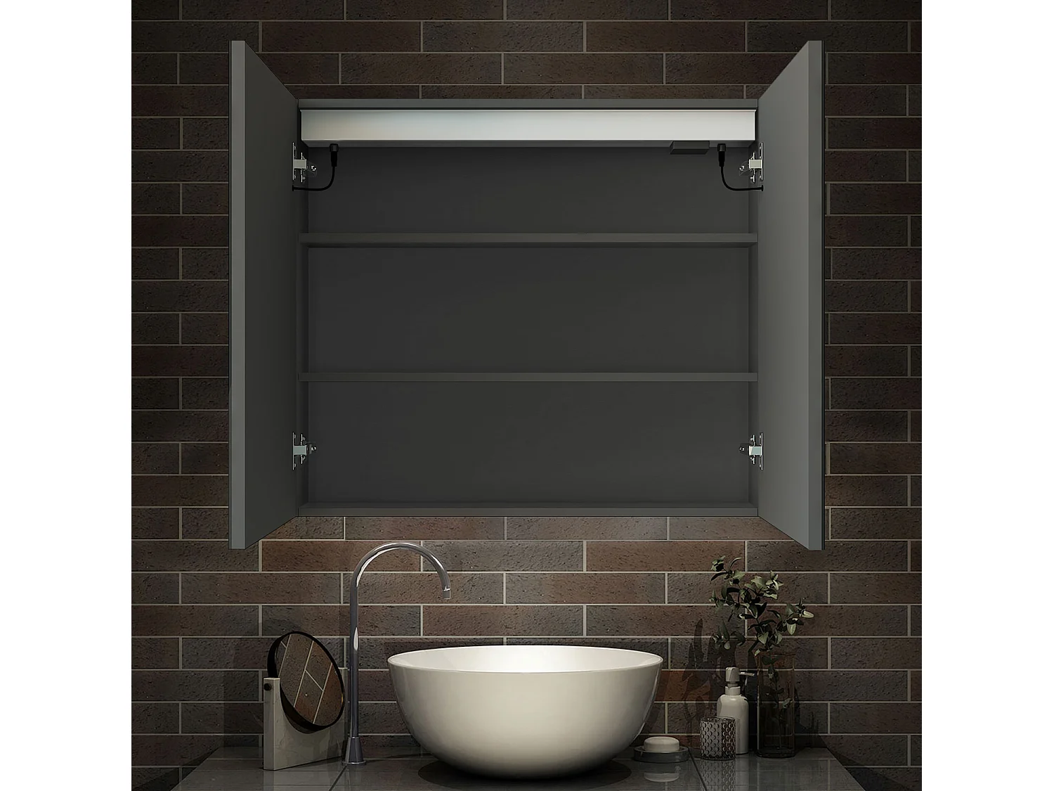 AICA Armoire murale de salle de bain LED, 80x70cm avec Prise Rasoir, Anti-Buée, Tricolore LED, 2 Étagères Réglables, Anthracite