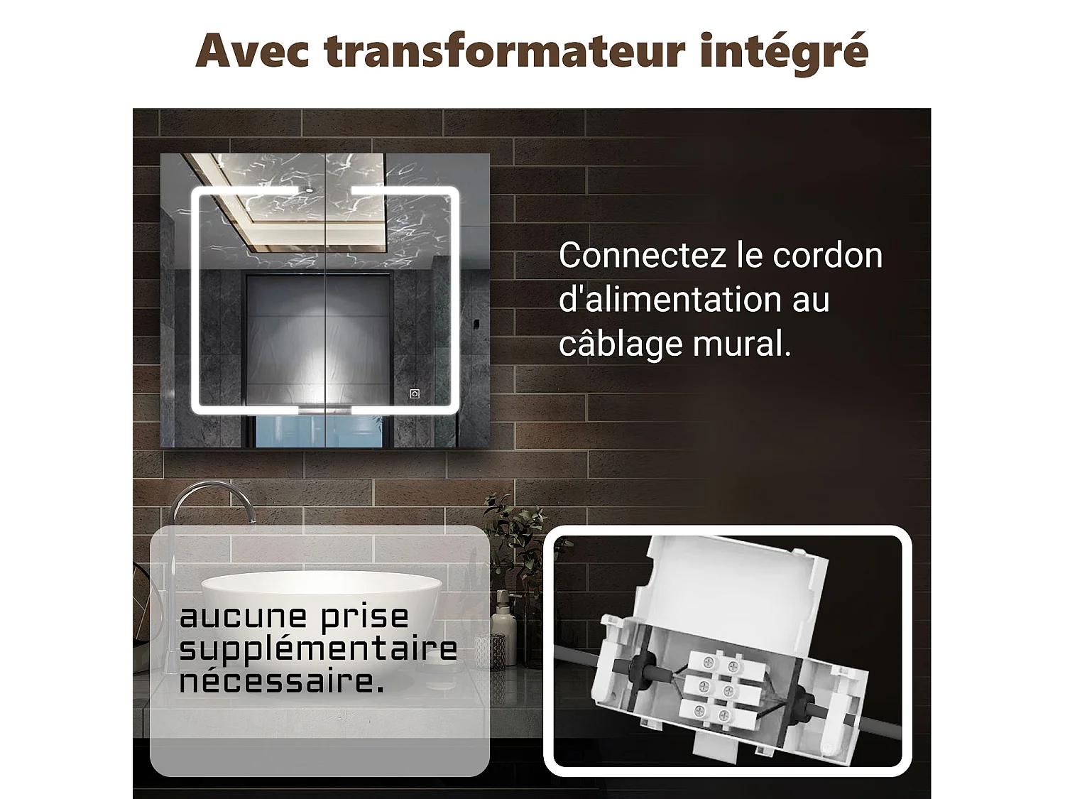 AICA Armoire murale de salle de bain LED, 80x70cm avec Prise Rasoir, Anti-Buée, Tricolore LED, 2 Étagères Réglables, Anthracite