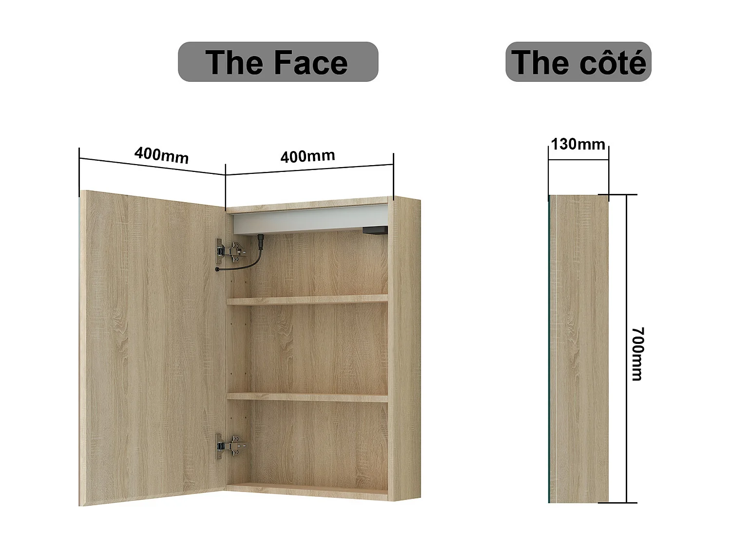 AICA Armoire murale de salle de bain LED, avec Prise Rasoir, 70x40cm, Anti-Buée + Tricolore LED, Chêne