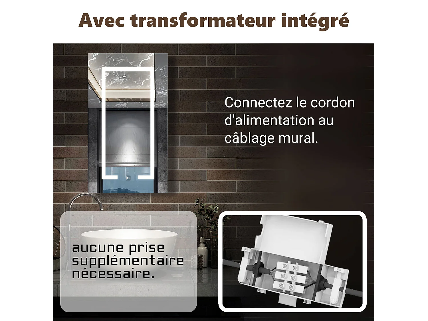 AICA Armoire murale de salle de bain LED, avec Prise Rasoir, 70x40cm, Anti-Buée + Tricolore LED, Chêne