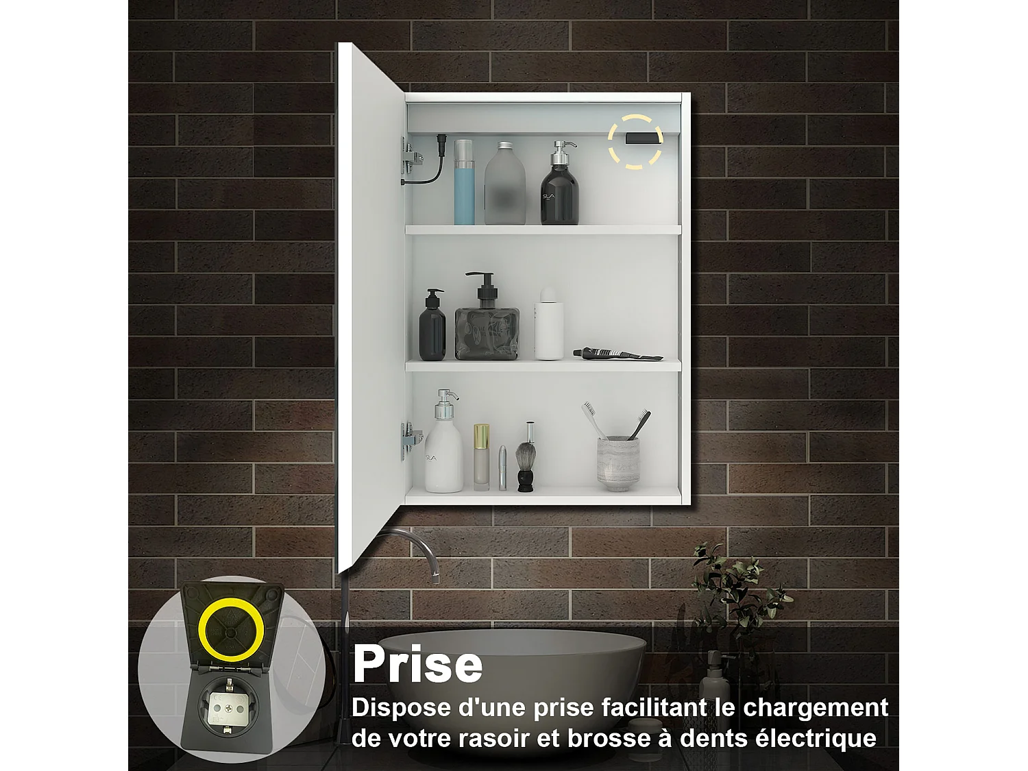 AICA Armoire murale de salle de bain LED, LED + Dimmable + Prise + Anti-Buée, 70x60cm, Blanc