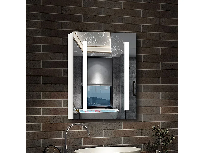 AICA Armoire murale de salle de bain LED, LED + Dimmable + Prise + Anti-Buée, 70x60cm, Blanc