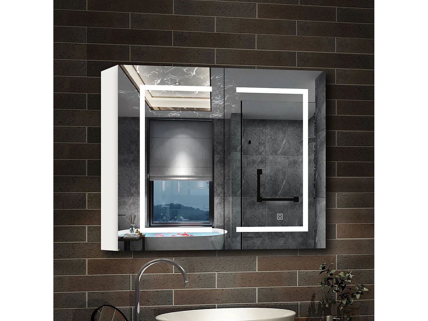 AICA Armoire murale de salle de bain LED, 80x70cm avec Prise Rasoir, Anti-Buée, Tricolore LED, 2 Étagères Réglables, Blanc