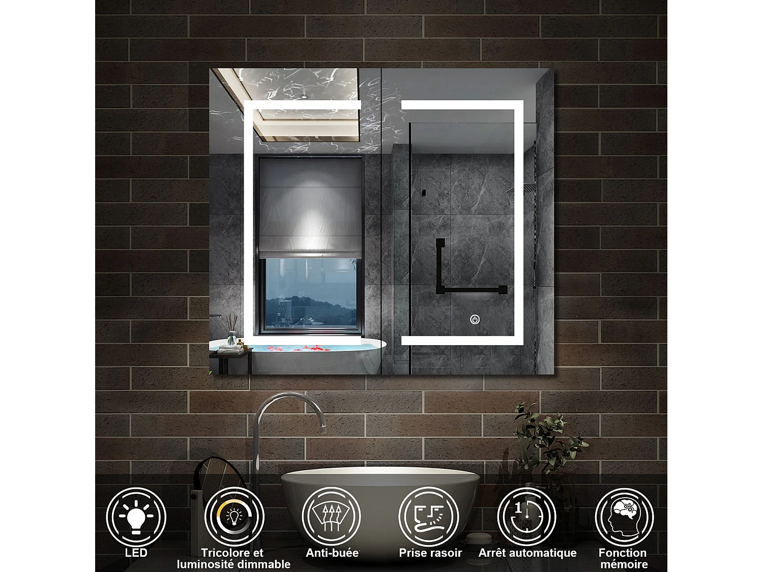 AICA Armoire murale de salle de bain LED, 80x70cm avec Prise Rasoir, Anti-Buée, Tricolore LED, 2 Étagères Réglables, Blanc