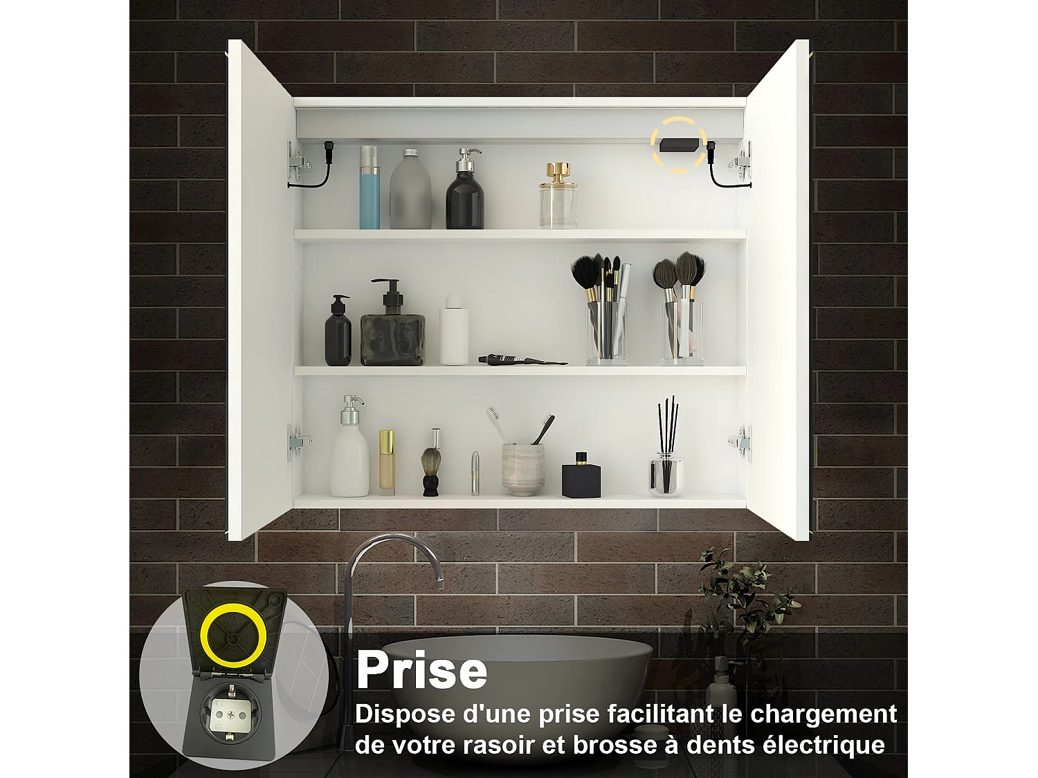 AICA Armoire murale de salle de bain LED, 80x70cm avec Prise Rasoir, Anti-Buée, Tricolore LED, 2 Étagères Réglables, Blanc