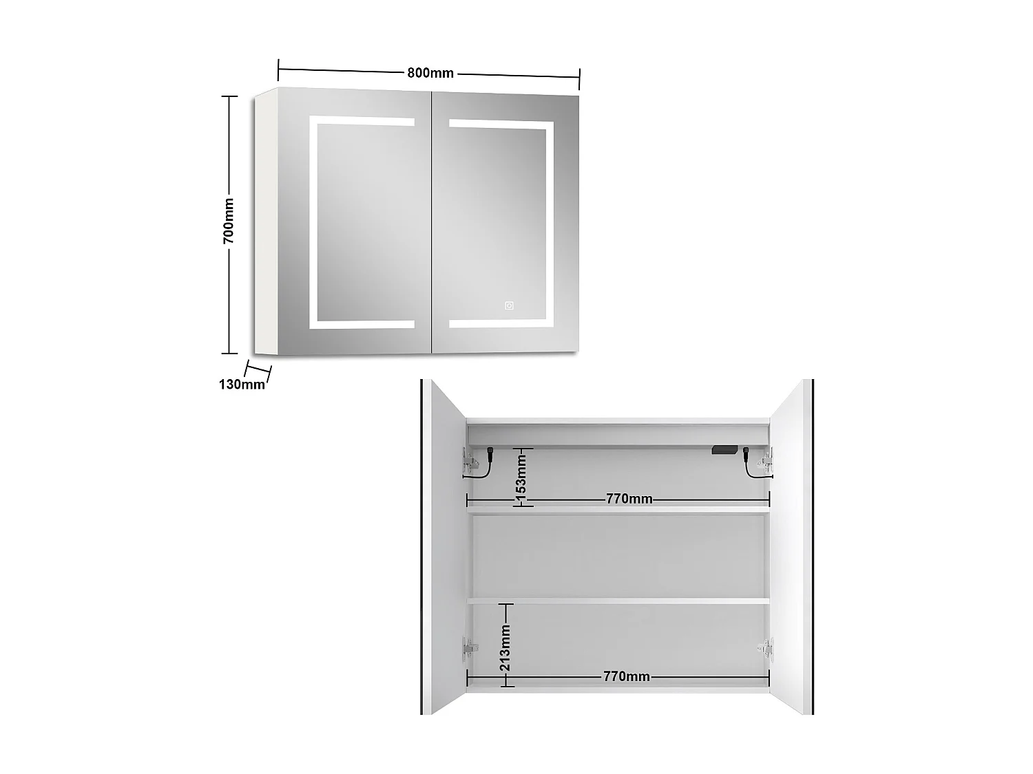 AICA Armoire murale de salle de bain LED, 80x70cm avec Prise Rasoir, Anti-Buée, Tricolore LED, 2 Étagères Réglables, Blanc