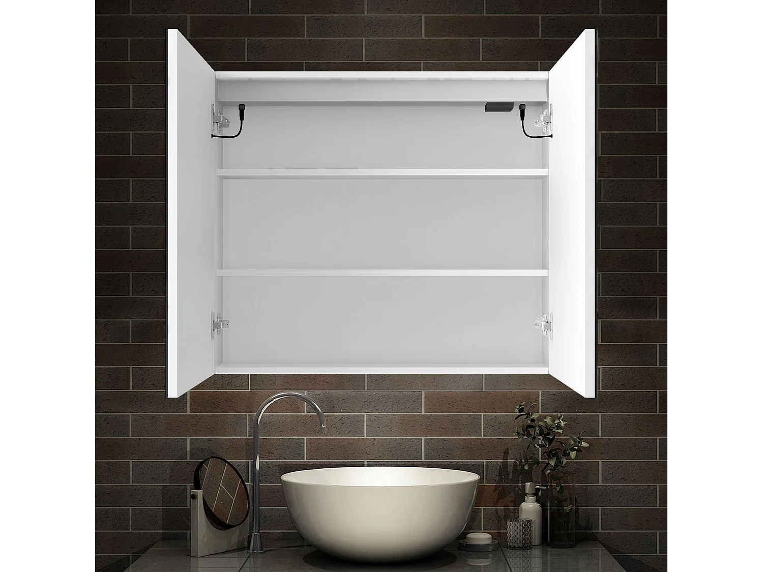 AICA Armoire murale de salle de bain LED, 80x70cm avec Prise Rasoir, Anti-Buée, Tricolore LED, 2 Étagères Réglables, Blanc