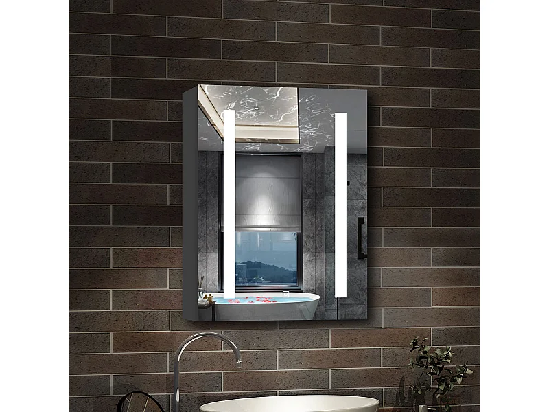 AICA Armoire murale de salle de bain LED, LED + Dimmable + Prise + Anti-Buée, 70x40cm, Anthracite