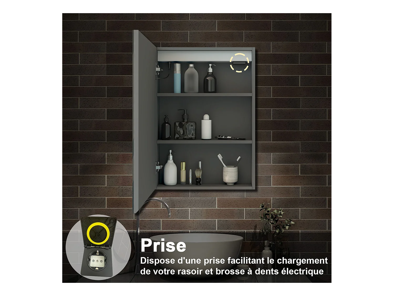 AICA Armoire murale de salle de bain LED, LED + Dimmable + Prise + Anti-Buée, 70x40cm, Anthracite