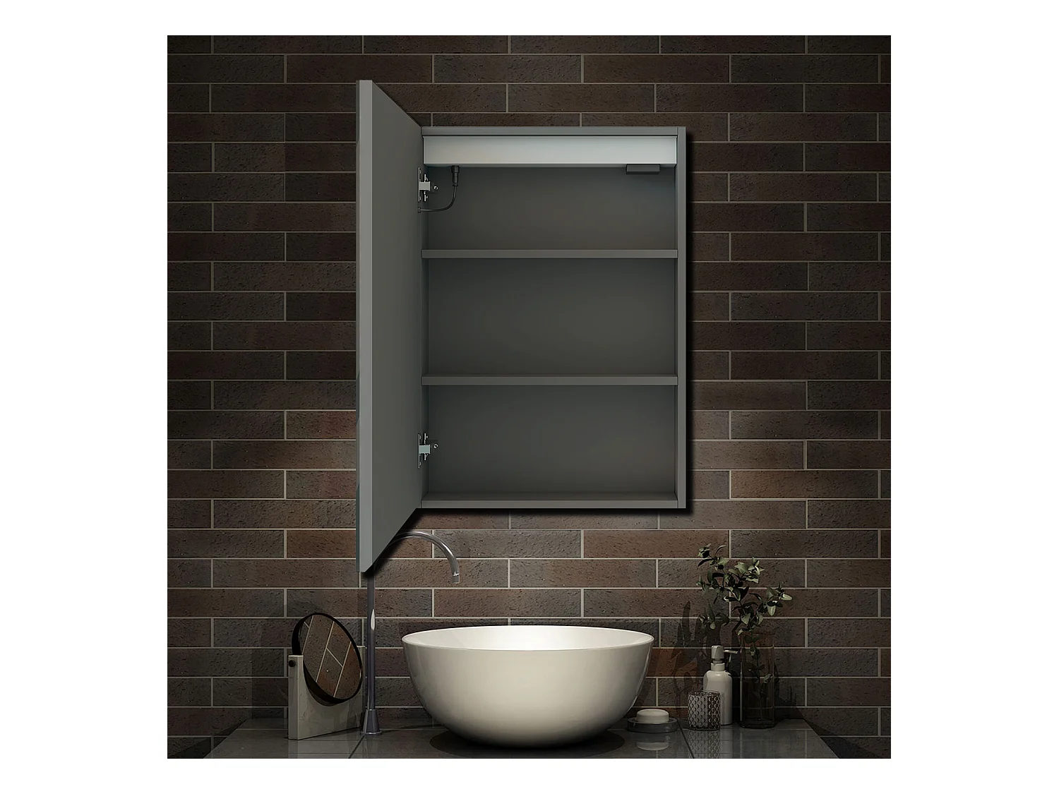 AICA Armoire murale de salle de bain LED, LED + Dimmable + Prise + Anti-Buée, 70x40cm, Anthracite