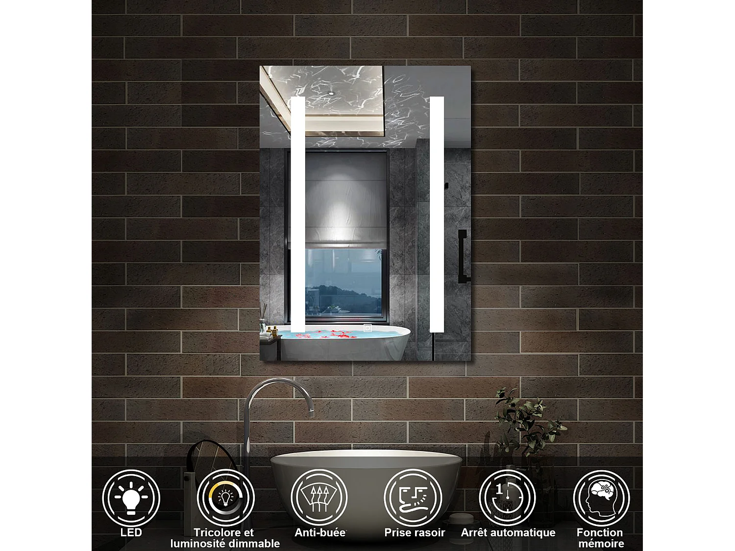 AICA Armoire murale de salle de bain LED, LED + Dimmable + Prise + Anti-Buée, 70x40cm, Anthracite