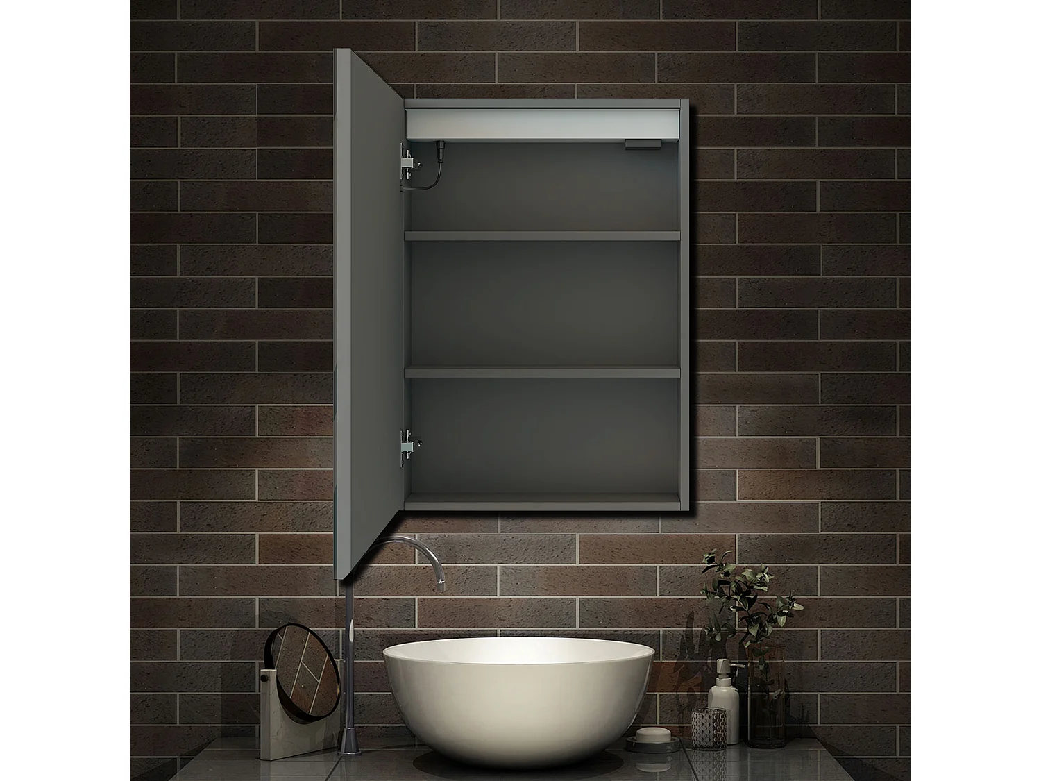 AICA Armoire murale de salle de bain LED, LED + Dimmable + Prise + Anti-Buée, 70x40cm, Anthracite