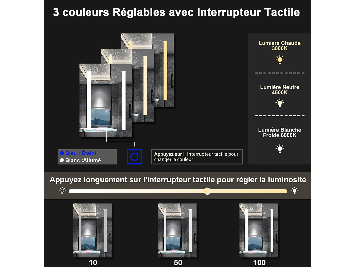 AICA Armoire murale de salle de bain LED, LED + Dimmable + Prise + Anti-Buée, 70x40cm, Anthracite