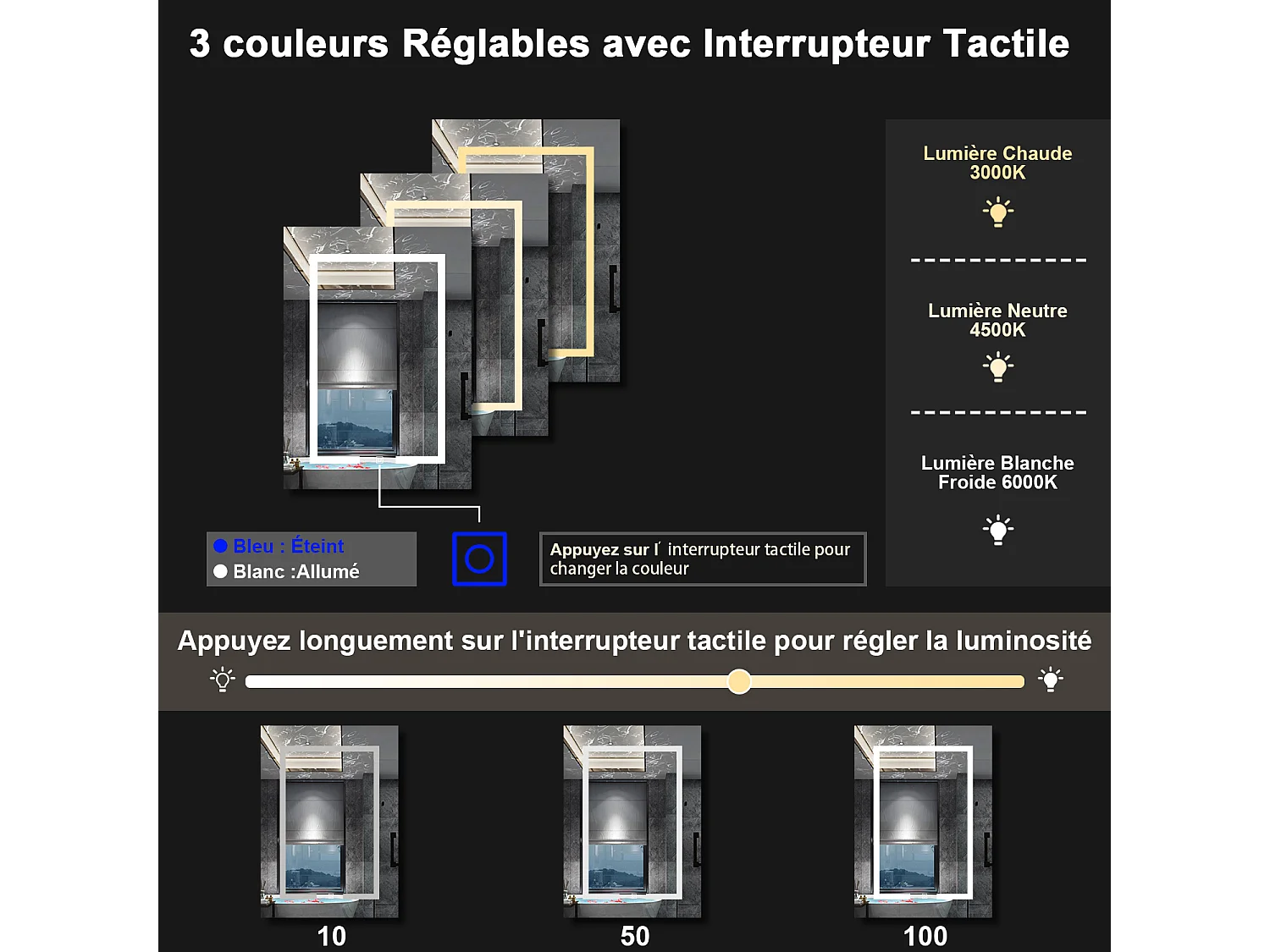 AICA Armoire murale de salle de bain LED, avec Prise Rasoir, 70x60cm, Anti-Buée + Tricolore LED, Chêne