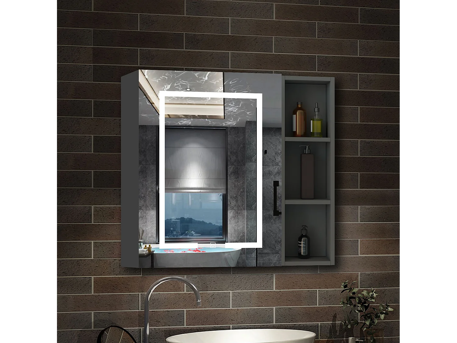 AICA Armoire murale de salle de bain LED, avec Prise Rasoir, 70x60cm, Anti-Buée + Tricolore, avec armoire latérale, Anthracite