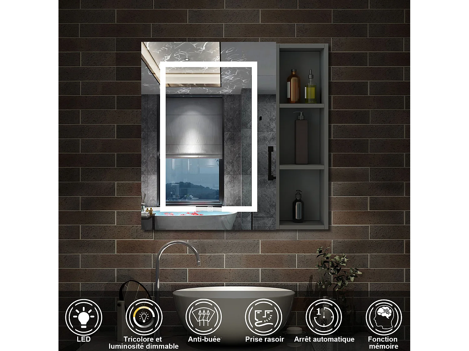 AICA Armoire murale de salle de bain LED, avec Prise Rasoir, 70x60cm, Anti-Buée + Tricolore, avec armoire latérale, Anthracite