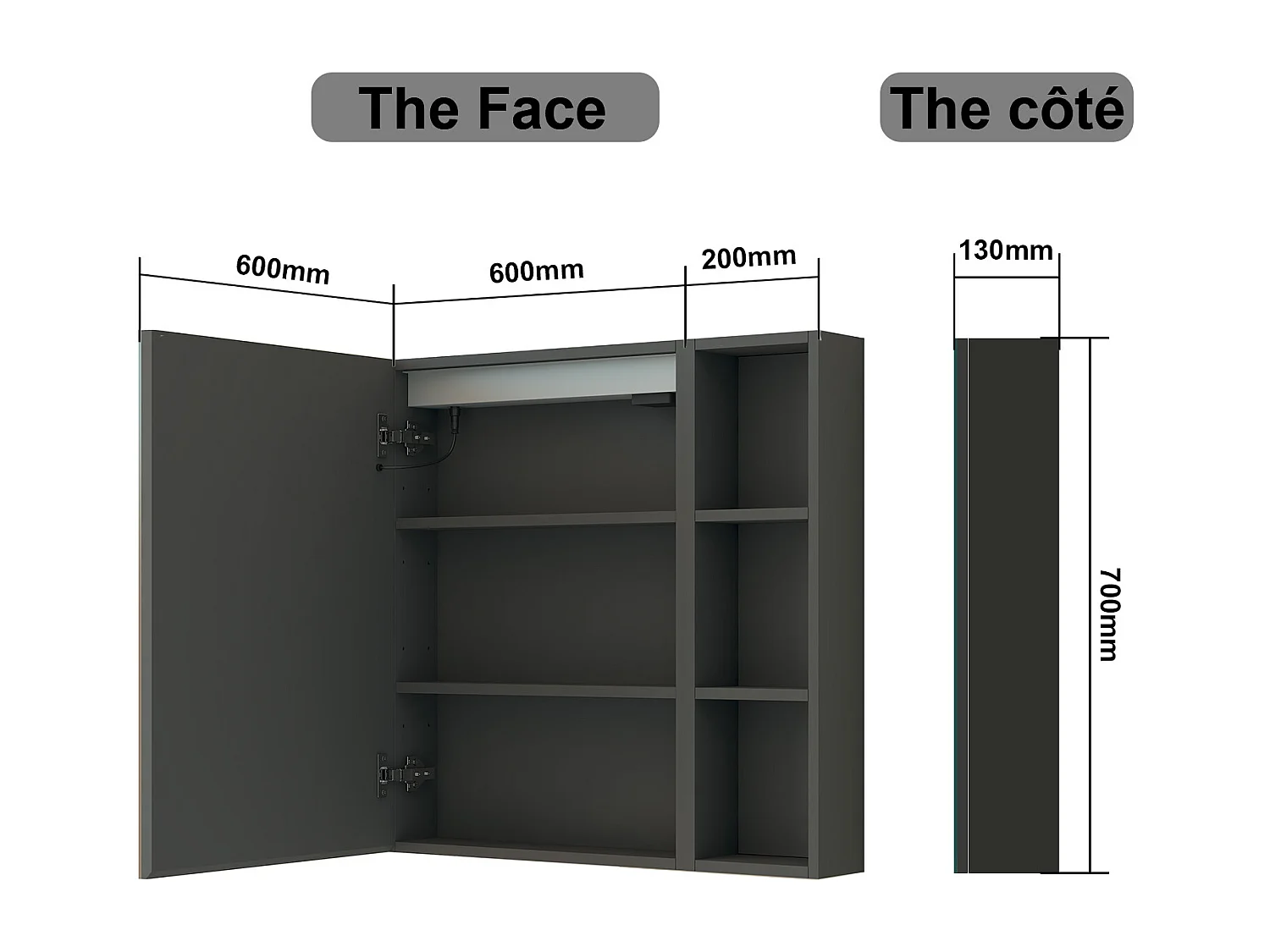AICA Armoire murale de salle de bain LED, avec Prise Rasoir, 70x60cm, Anti-Buée + Tricolore, avec armoire latérale, Anthracite