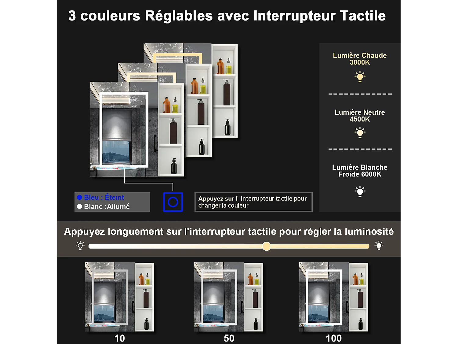 AICA Armoire murale de salle de bain LED, avec Prise Rasoir, 70x40cm, Anti-Buée + Tricolore, avec armoire latérale, Blanc