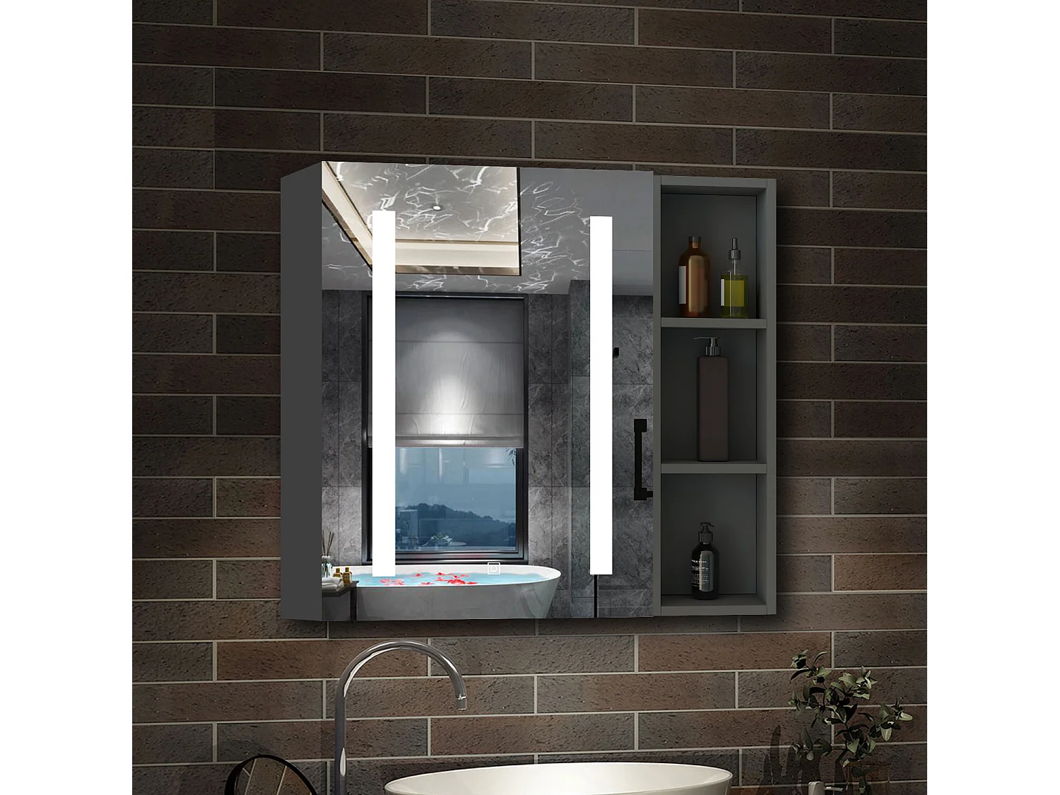 AICA Armoire murale de salle de bain LED, 70x60cm avec Prise Rasoir+Anti-Buée + Tricolore + Dimmable +armoire latérale, Anthracite