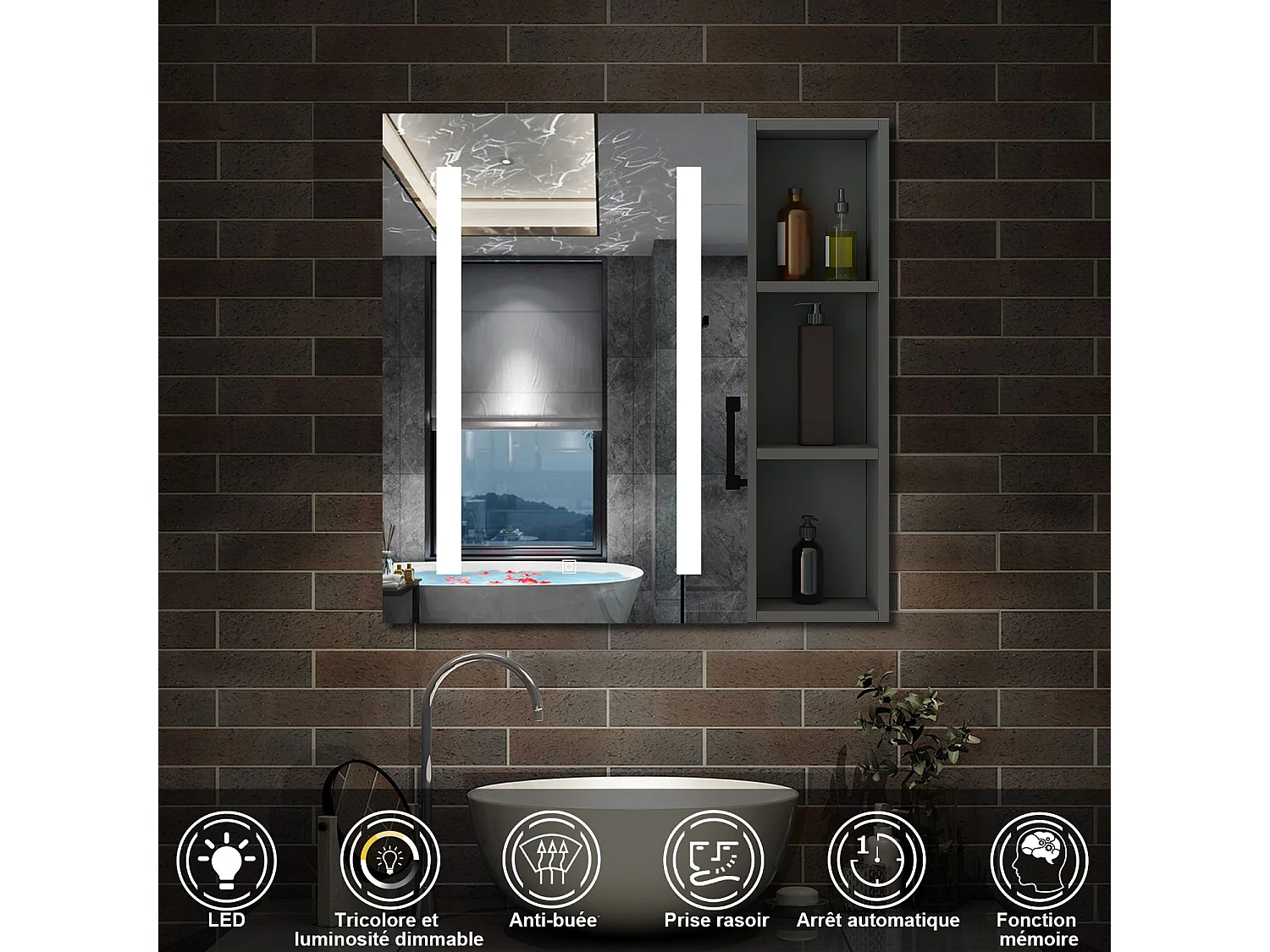 AICA Armoire murale de salle de bain LED, 70x60cm avec Prise Rasoir+Anti-Buée + Tricolore + Dimmable +armoire latérale, Anthracite