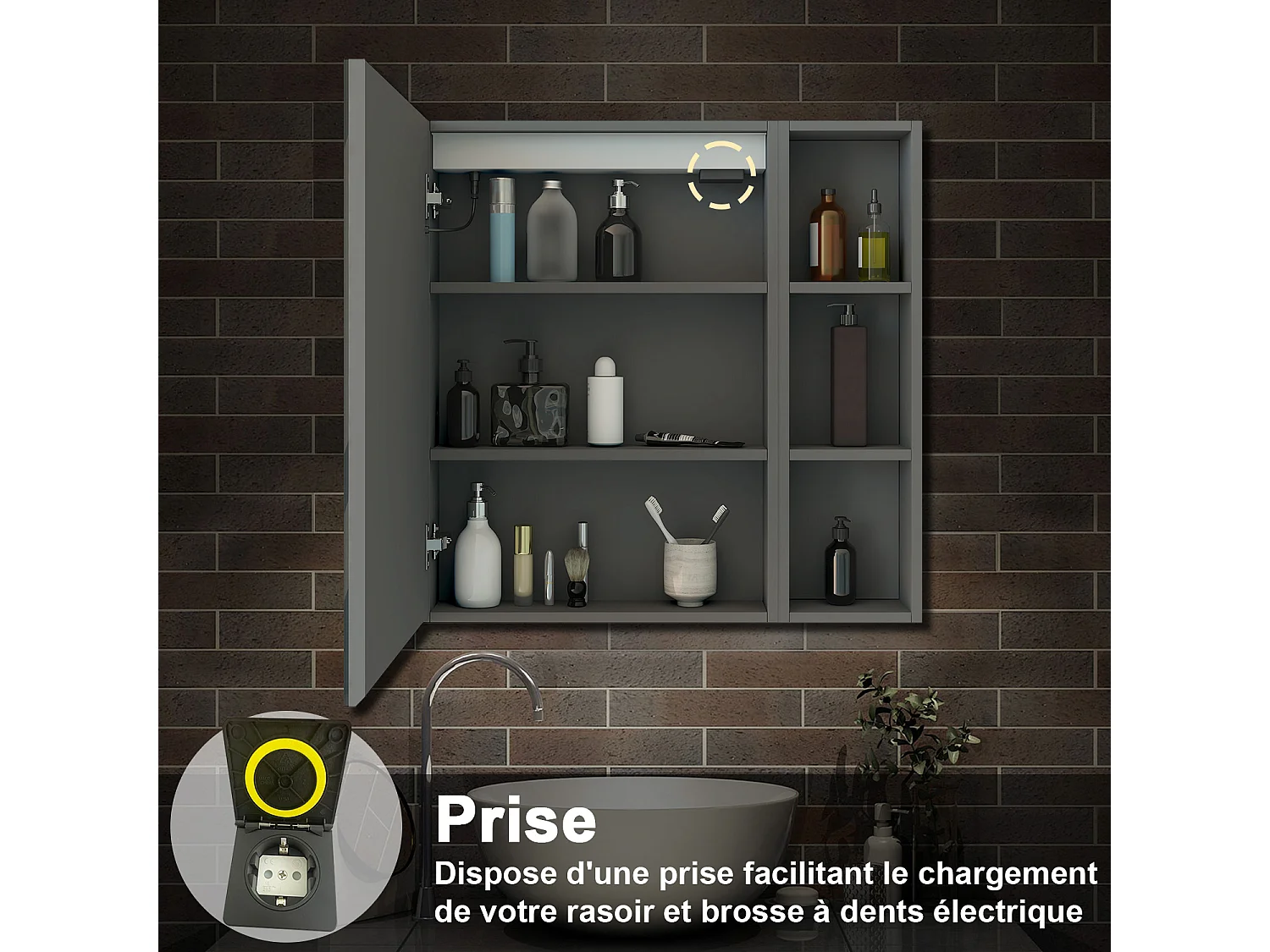 AICA Armoire murale de salle de bain LED, 70x60cm avec Prise Rasoir+Anti-Buée + Tricolore + Dimmable +armoire latérale, Anthracite