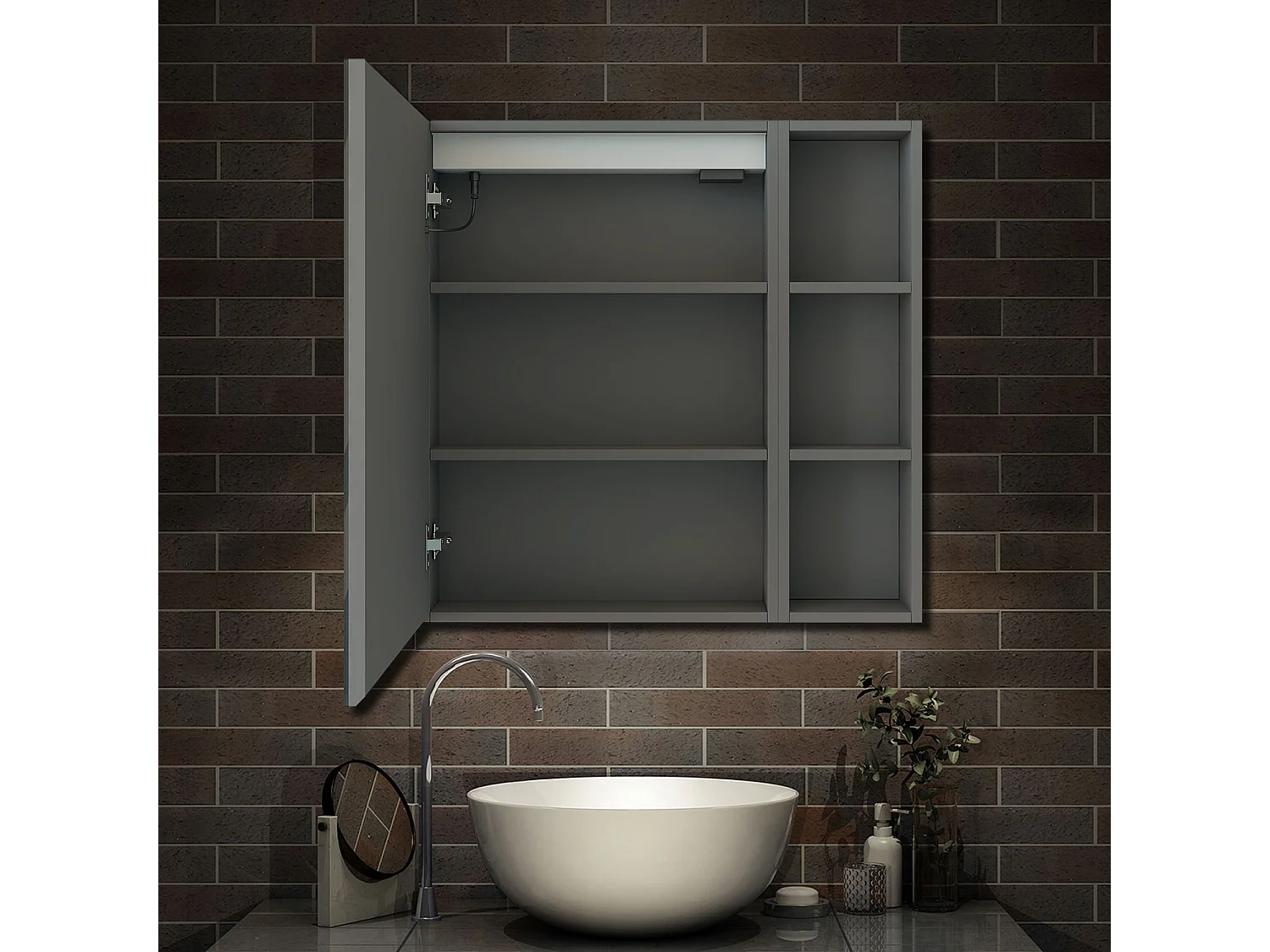 AICA Armoire murale de salle de bain LED, 70x60cm avec Prise Rasoir+Anti-Buée + Tricolore + Dimmable +armoire latérale, Anthracite