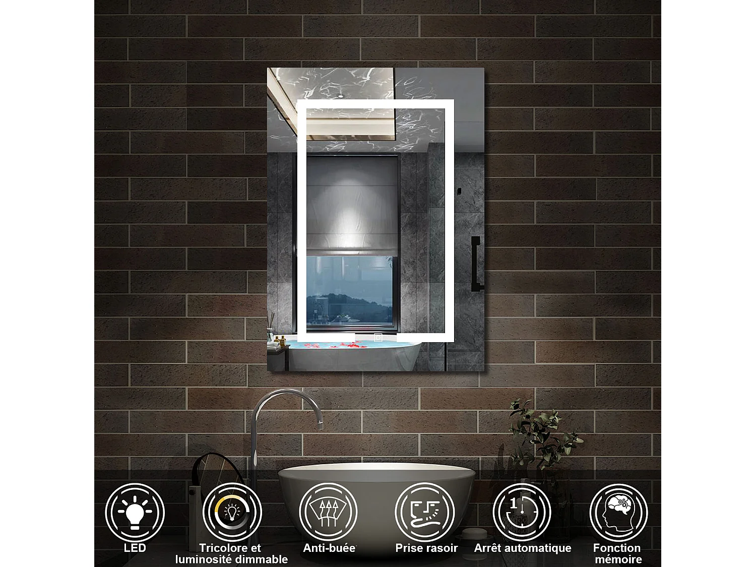 AICA Armoire murale de salle de bain LED, avec Prise Rasoir, 70x50cm, Anti-Buée + Tricolore LED, Anthracite