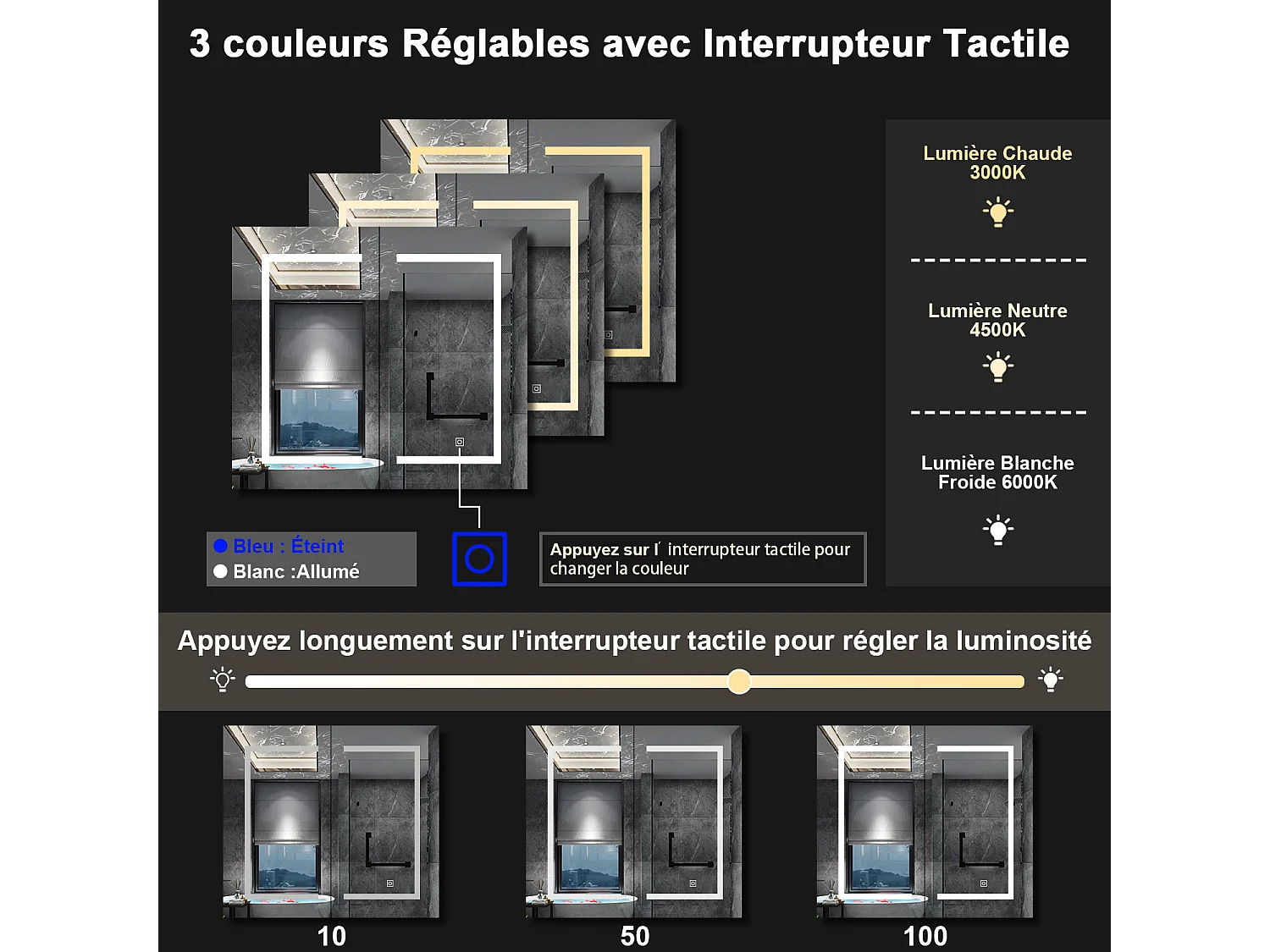 AICA Armoire murale de salle de bain LED, 80x70cm avec Prise Rasoir, Anti-Buée, Tricolore LED, 2 Étagères Réglables, Chêne