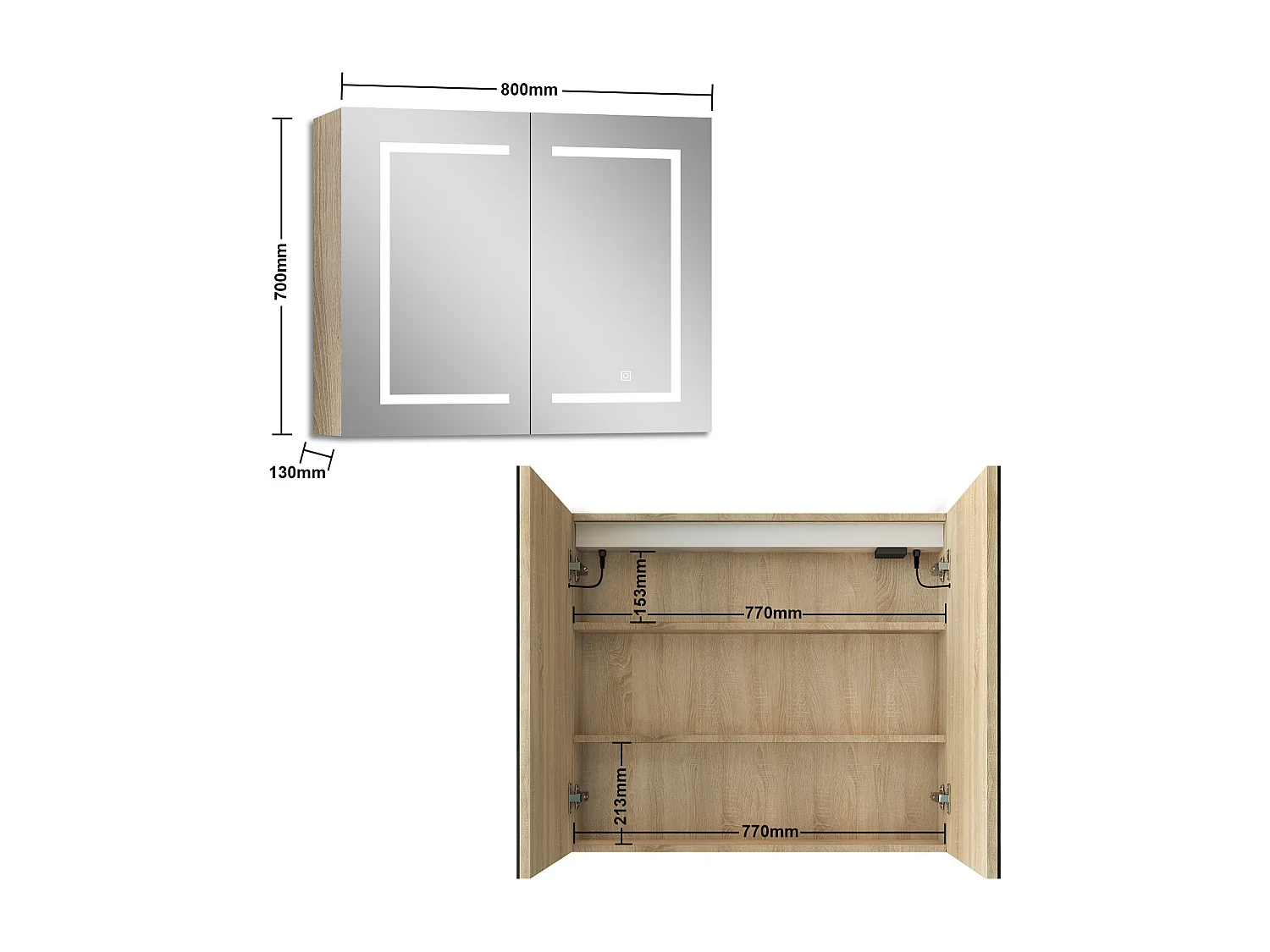 AICA Armoire murale de salle de bain LED, 80x70cm avec Prise Rasoir, Anti-Buée, Tricolore LED, 2 Étagères Réglables, Chêne
