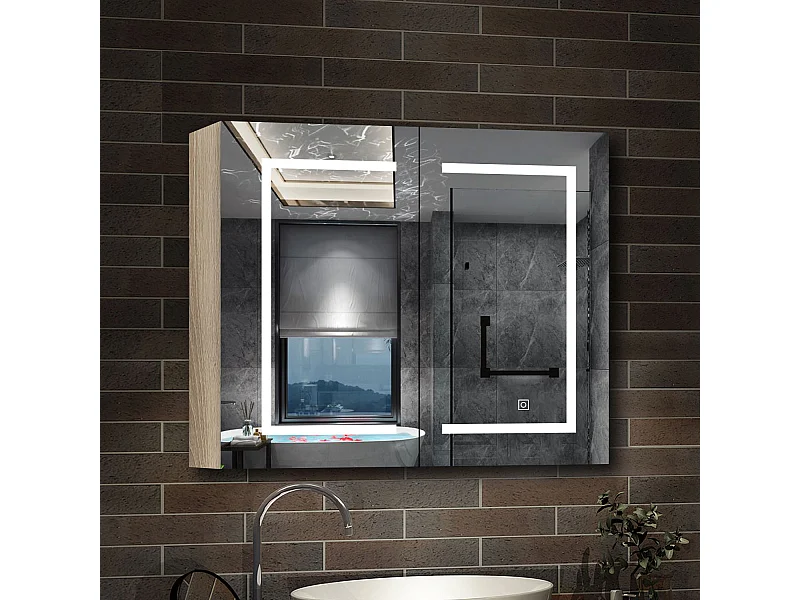 AICA Armoire murale de salle de bain LED, 80x70cm avec Prise Rasoir, Anti-Buée, Tricolore LED, 2 Étagères Réglables, Chêne