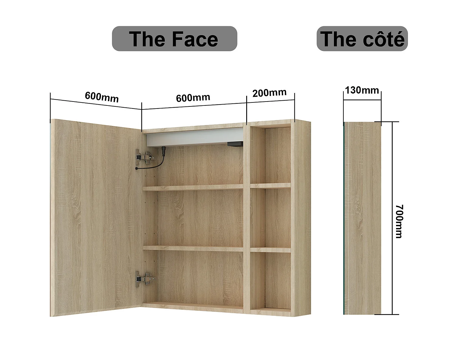 AICA Armoire murale de salle de bain LED, 70x60cm avec Prise Rasoir+Anti-Buée + Tricolore + Dimmable +armoire latérale, Chêne