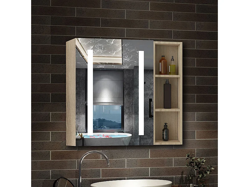 AICA Armoire murale de salle de bain LED, 70x60cm avec Prise Rasoir+Anti-Buée + Tricolore + Dimmable +armoire latérale, Chêne