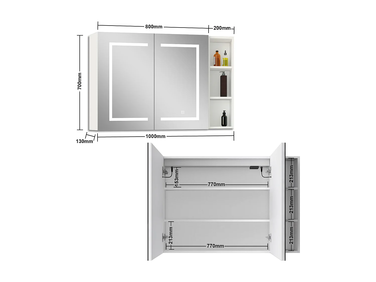 AICA Armoire murale de salle de bain LED, 80x70cm avec Prise Rasoir+Anti-Buée + Tricolore + Dimmable +armoire latérale, Blanc