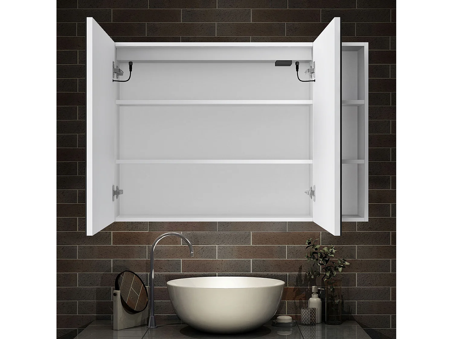 AICA Armoire murale de salle de bain LED, 80x70cm avec Prise Rasoir+Anti-Buée + Tricolore + Dimmable +armoire latérale, Blanc