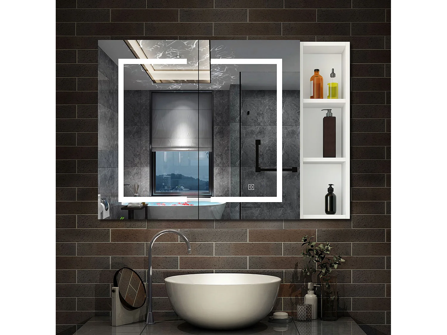 AICA Armoire murale de salle de bain LED, 80x70cm avec Prise Rasoir+Anti-Buée + Tricolore + Dimmable +armoire latérale, Blanc