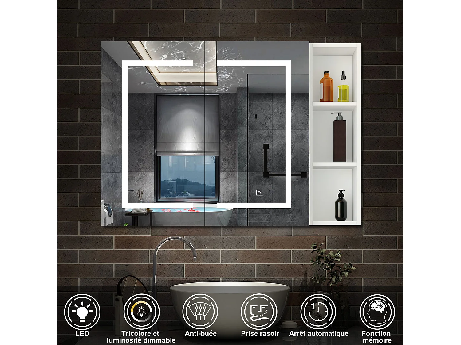 AICA Armoire murale de salle de bain LED, 80x70cm avec Prise Rasoir+Anti-Buée + Tricolore + Dimmable +armoire latérale, Blanc