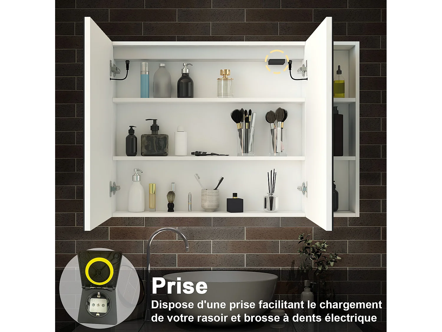 AICA Armoire murale de salle de bain LED, 80x70cm avec Prise Rasoir+Anti-Buée + Tricolore + Dimmable +armoire latérale, Blanc