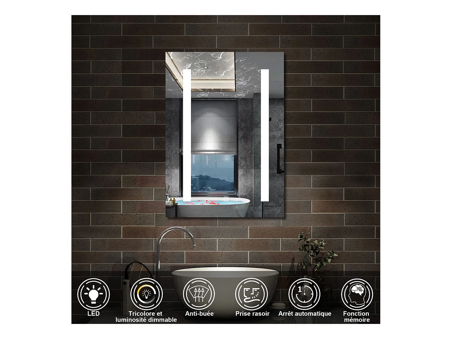 AICA Armoire murale de salle de bain LED, LED + Dimmable + Prise + Anti-Buée, 70x50cm, Chêne