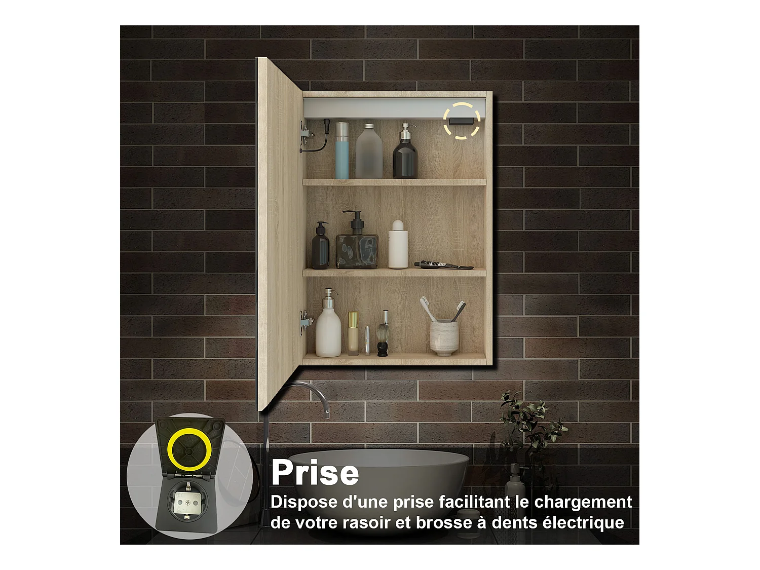 AICA Armoire murale de salle de bain LED, LED + Dimmable + Prise + Anti-Buée, 70x50cm, Chêne