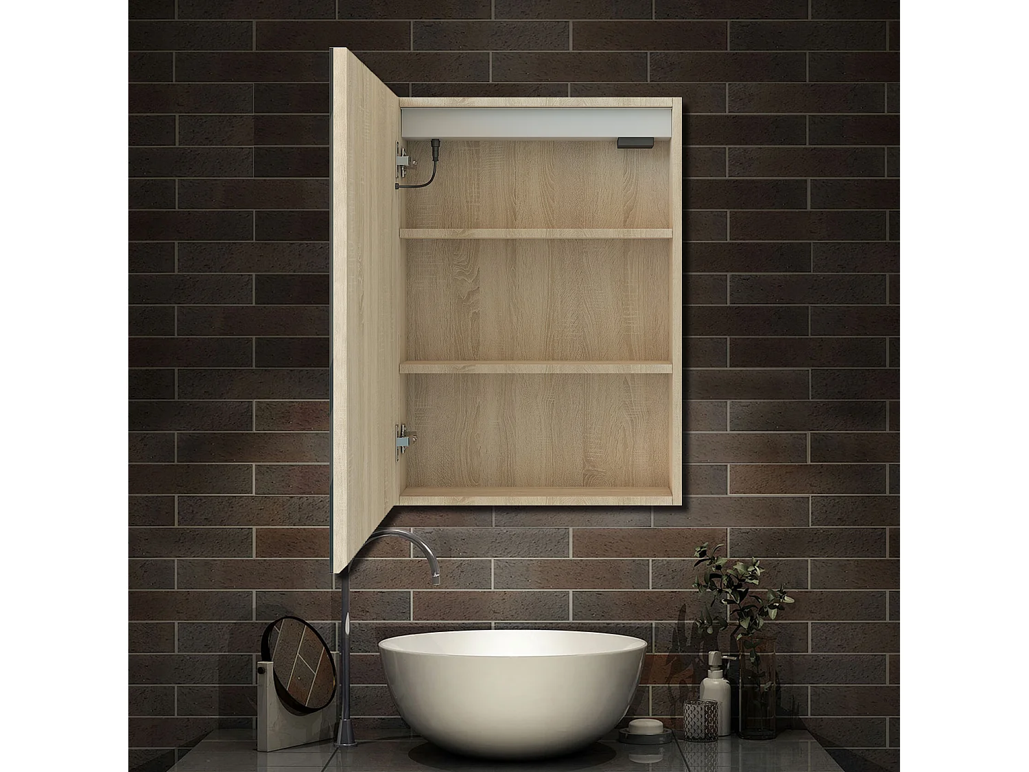 AICA Armoire murale de salle de bain LED, LED + Dimmable + Prise + Anti-Buée, 70x50cm, Chêne