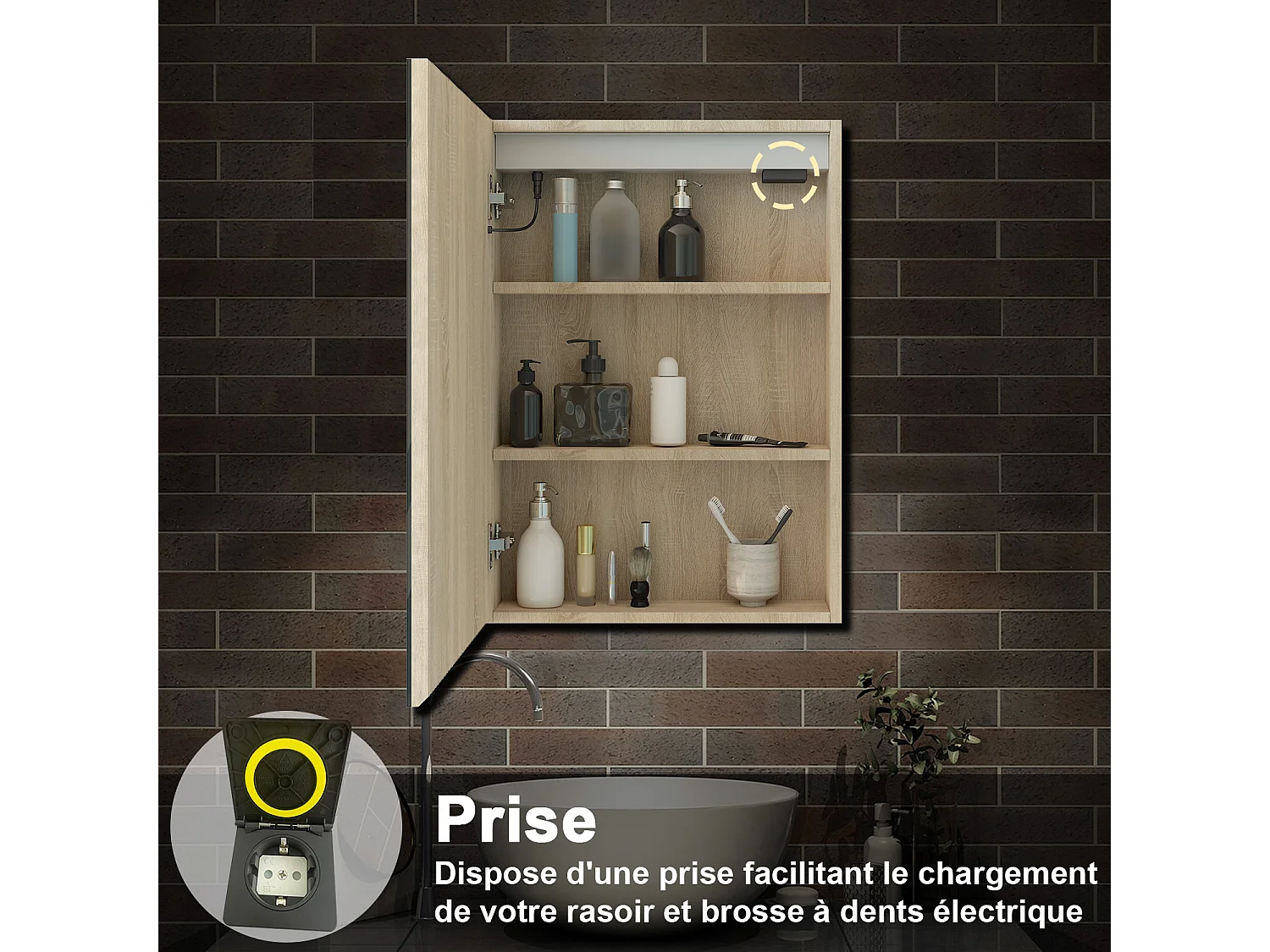 AICA Armoire murale de salle de bain LED, LED + Dimmable + Prise + Anti-Buée, 70x50cm, Chêne