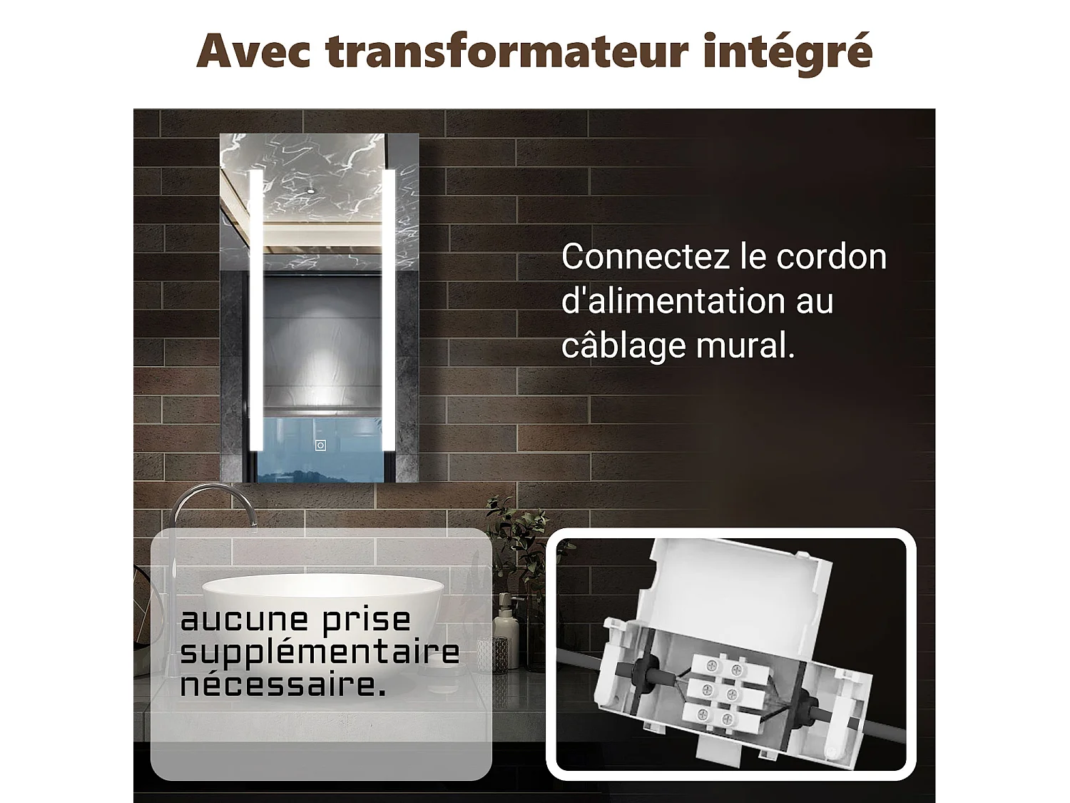 AICA Armoire murale de salle de bain LED, LED + Dimmable + Prise + Anti-Buée, 70x50cm, Chêne