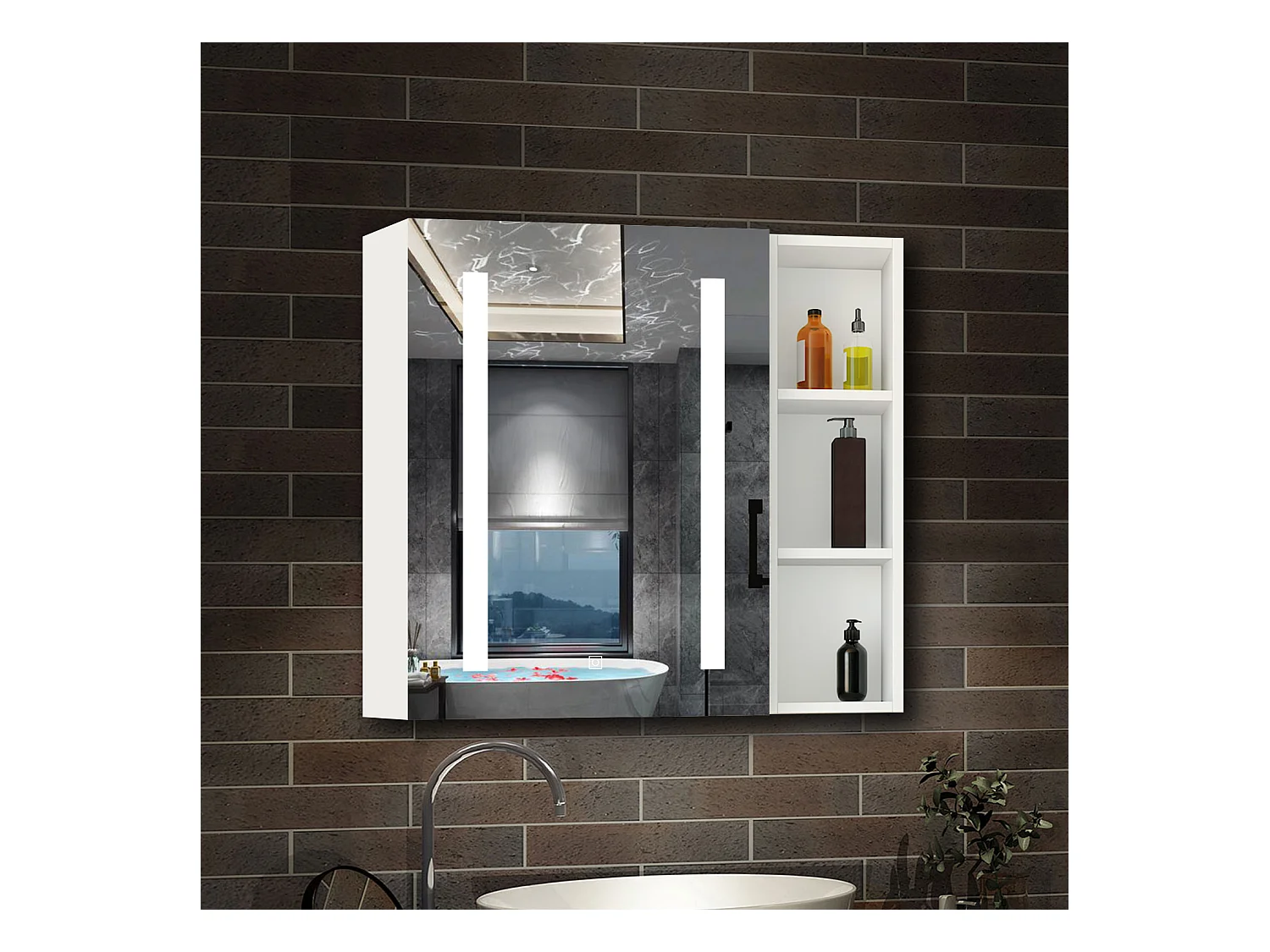 AICA Armoire murale de salle de bain LED, 70x50cm avec Prise Rasoir+Anti-Buée + Tricolore + Dimmable +armoire latérale, Blanc