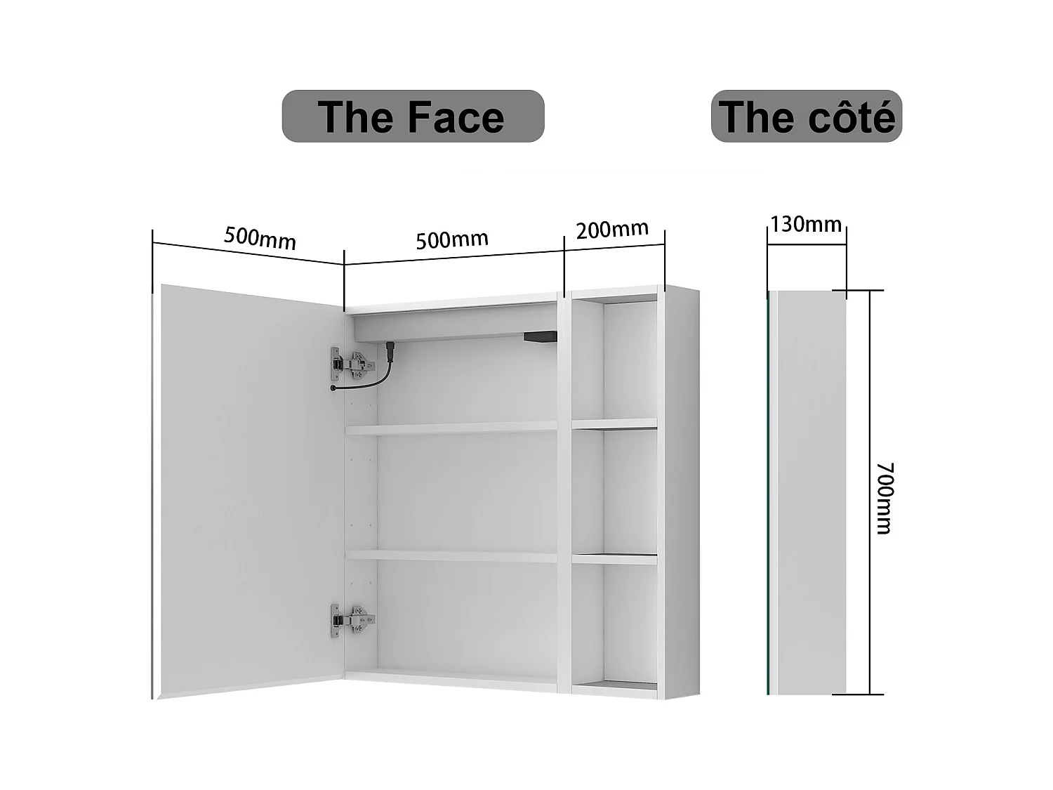 AICA Armoire murale de salle de bain LED, 70x50cm avec Prise Rasoir+Anti-Buée + Tricolore + Dimmable +armoire latérale, Blanc