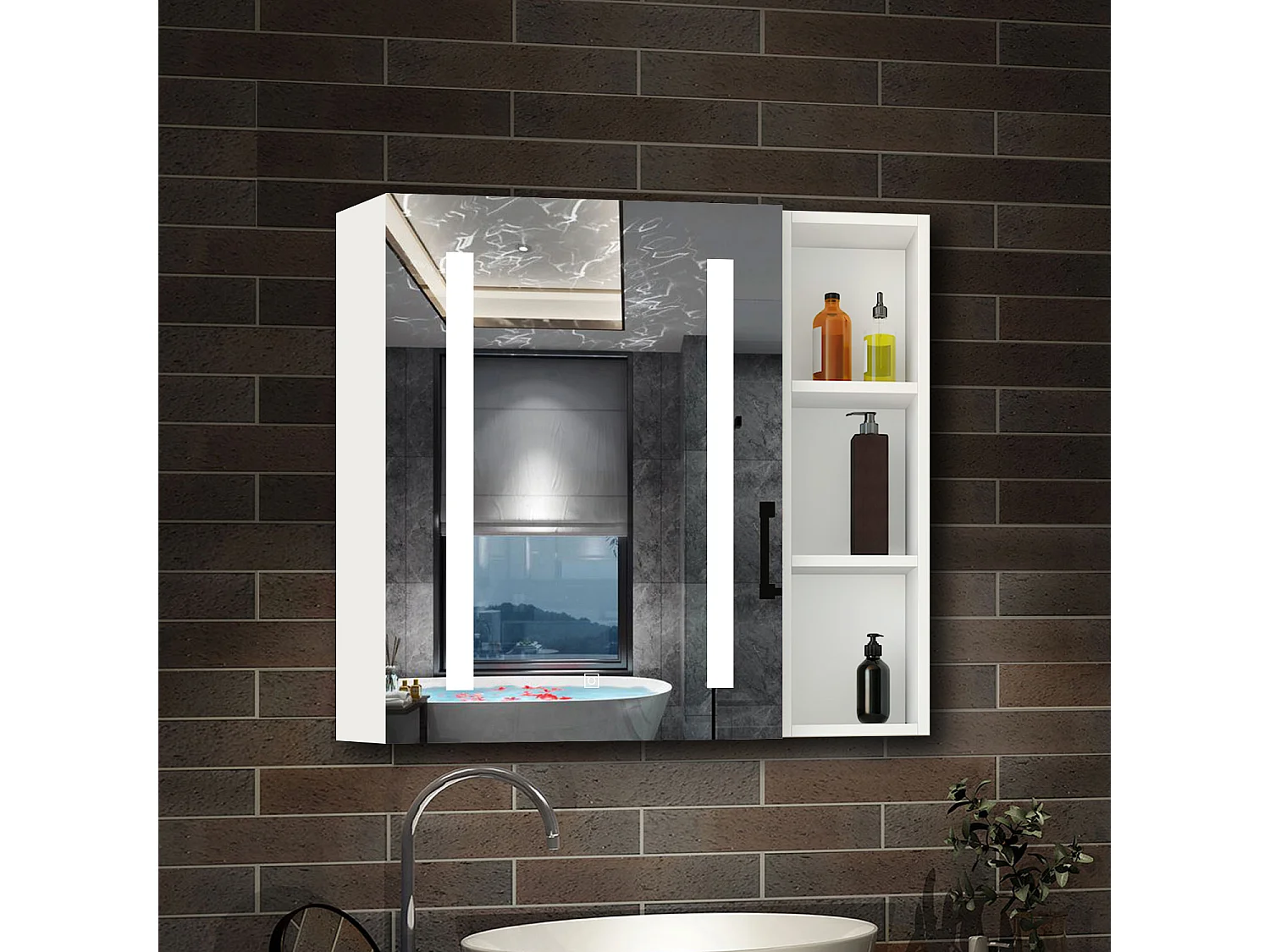 AICA Armoire murale de salle de bain LED, 70x50cm avec Prise Rasoir+Anti-Buée + Tricolore + Dimmable +armoire latérale, Blanc