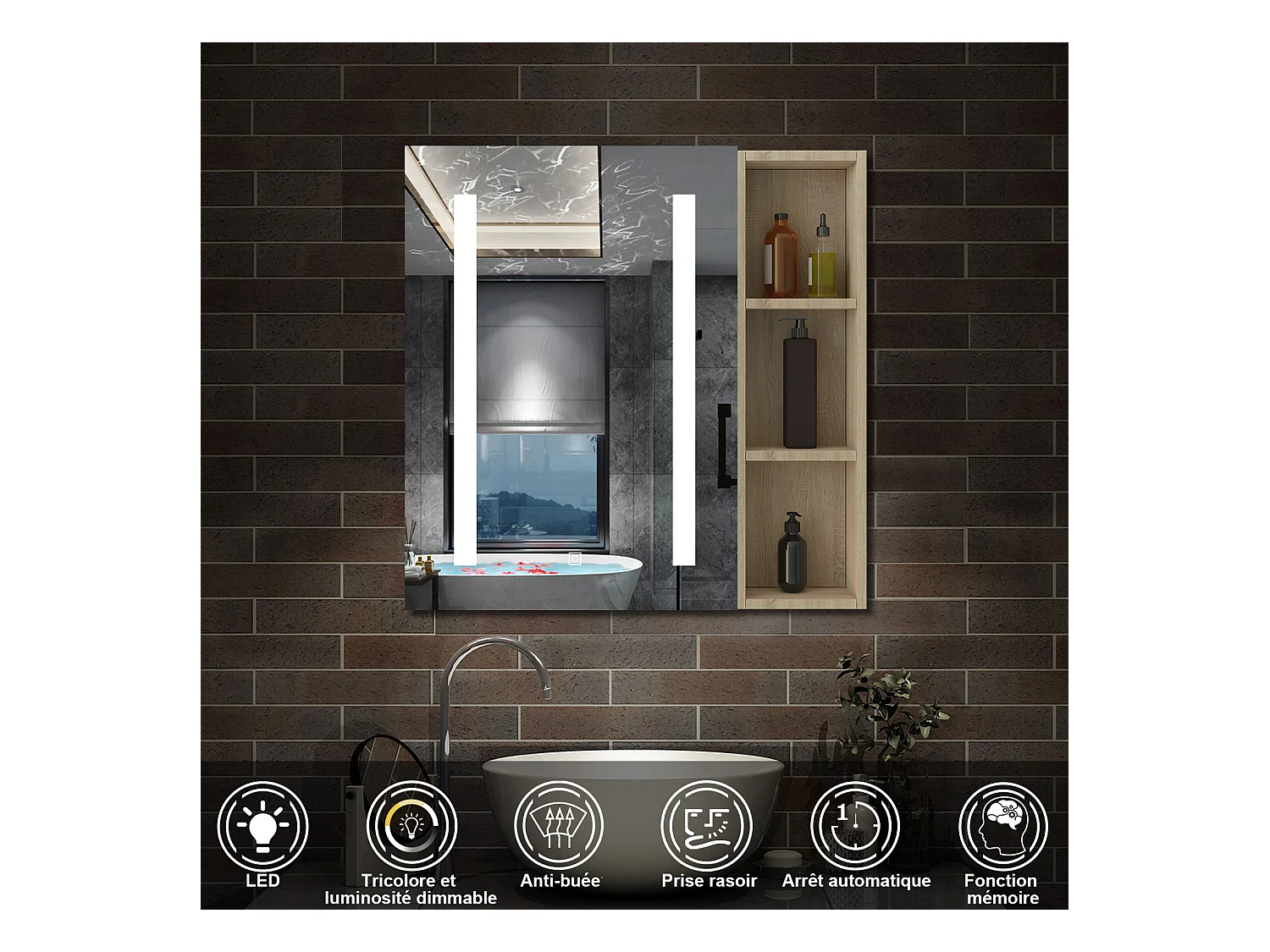 AICA Armoire murale de salle de bain LED, 70x40cm avec Prise Rasoir+Anti-Buée + Tricolore + Dimmable +armoire latérale, Chêne