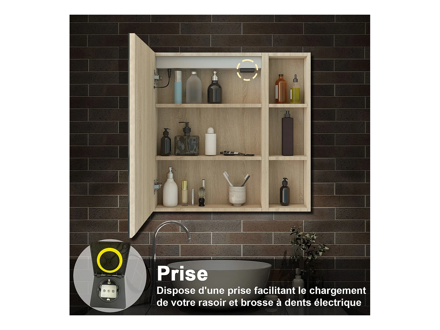 AICA Armoire murale de salle de bain LED, 70x40cm avec Prise Rasoir+Anti-Buée + Tricolore + Dimmable +armoire latérale, Chêne