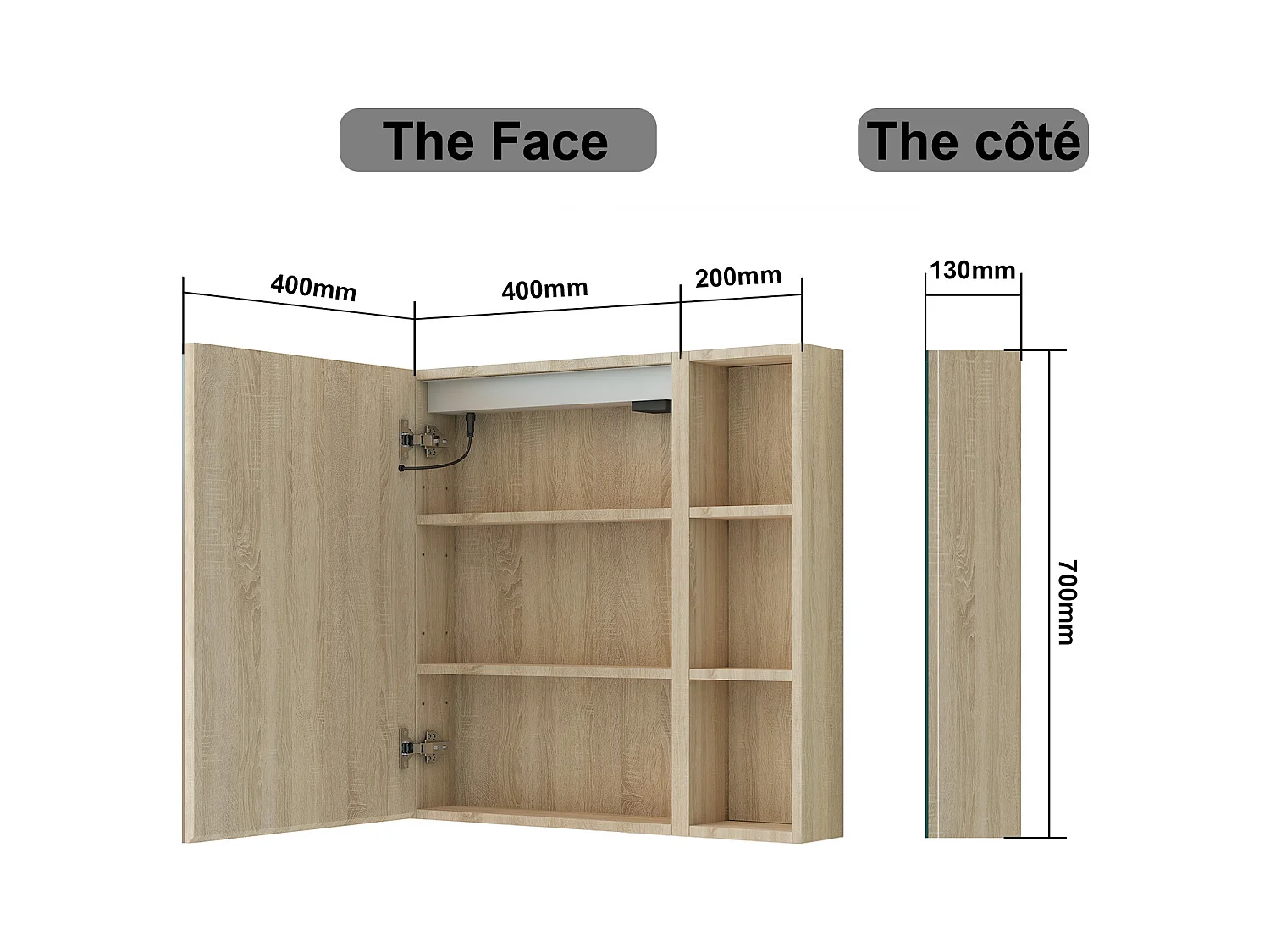 AICA Armoire murale de salle de bain LED, 70x40cm avec Prise Rasoir+Anti-Buée + Tricolore + Dimmable +armoire latérale, Chêne