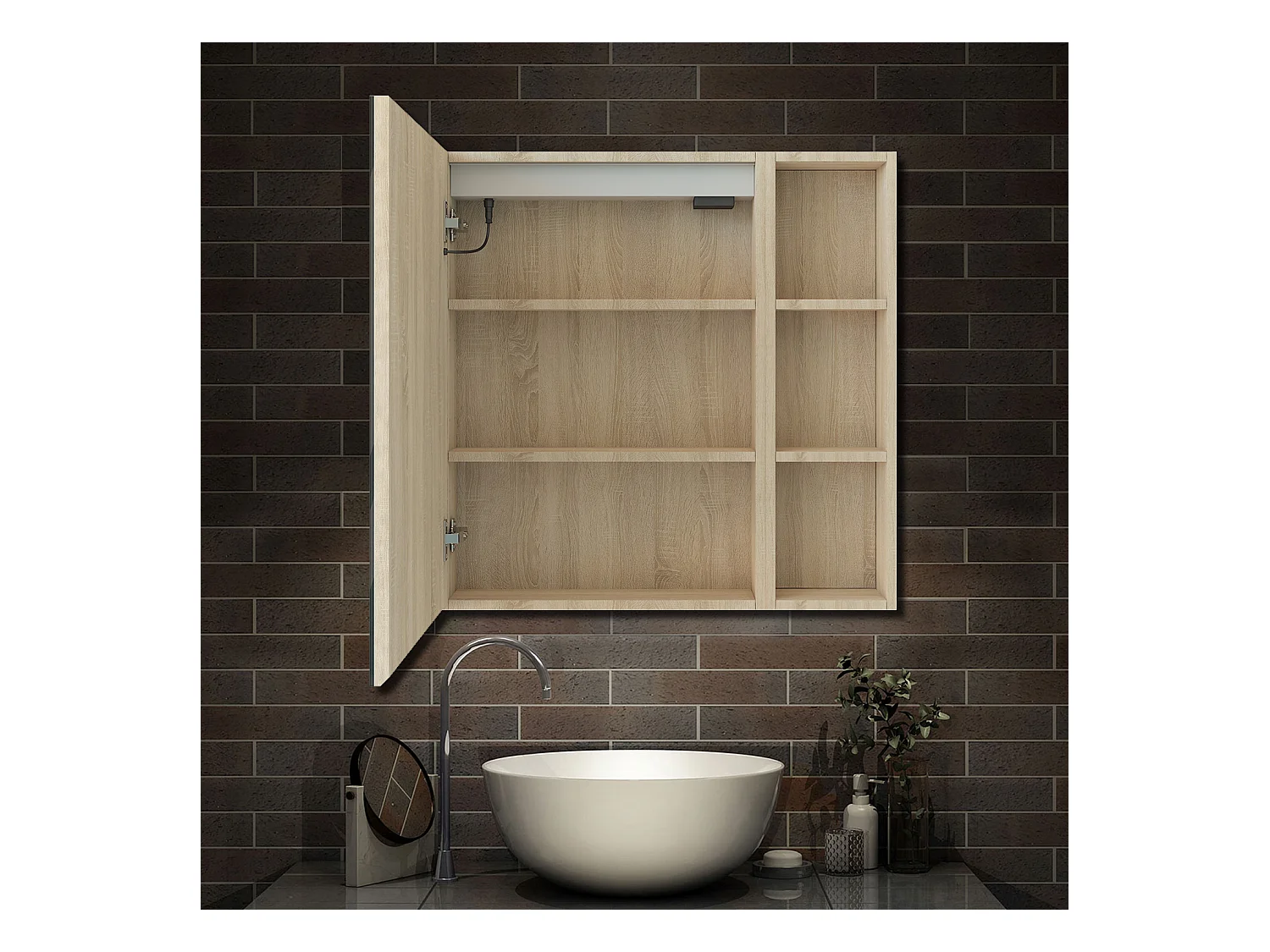 AICA Armoire murale de salle de bain LED, 70x40cm avec Prise Rasoir+Anti-Buée + Tricolore + Dimmable +armoire latérale, Chêne