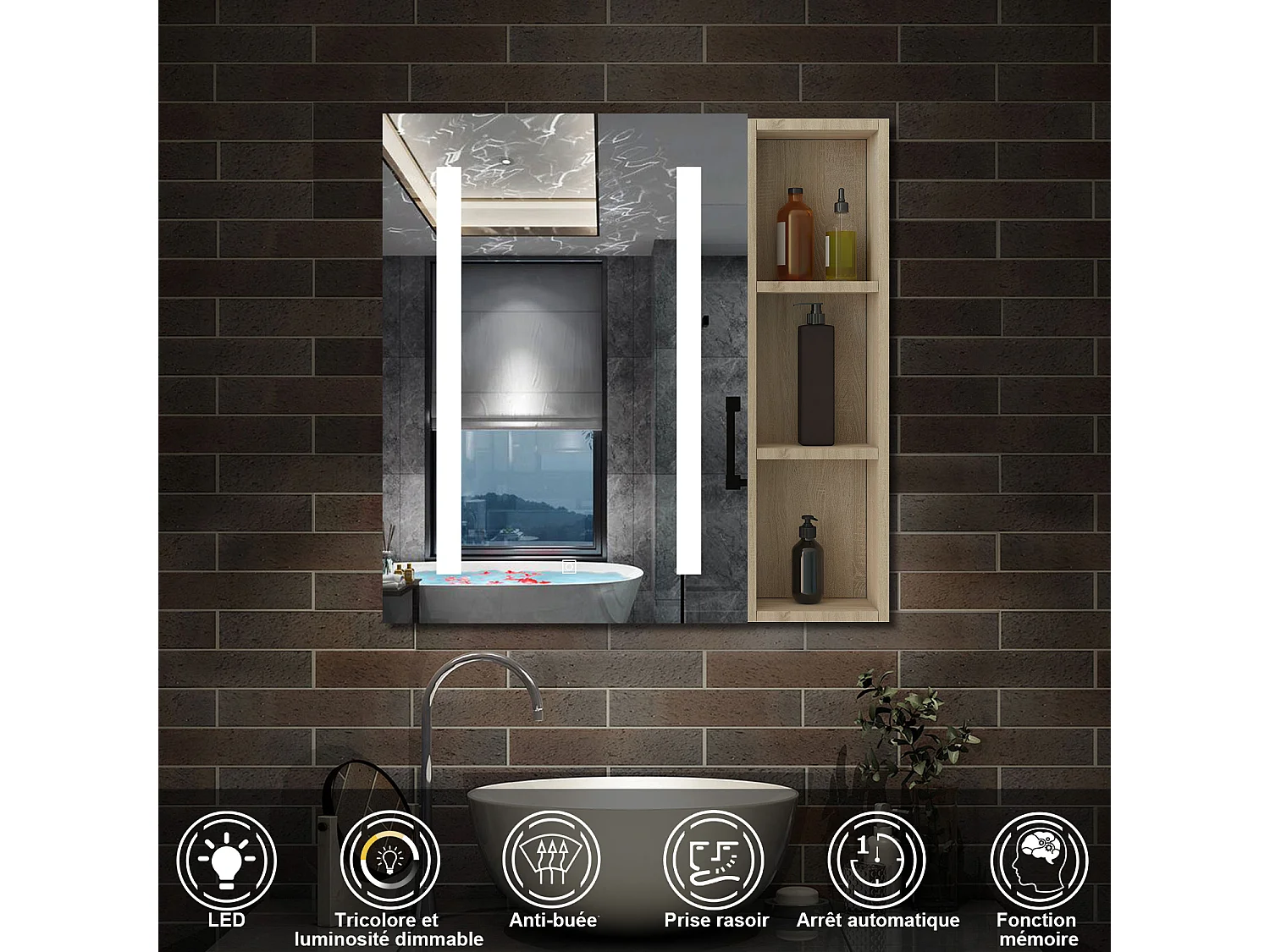 AICA Armoire murale de salle de bain LED, 70x40cm avec Prise Rasoir+Anti-Buée + Tricolore + Dimmable +armoire latérale, Chêne